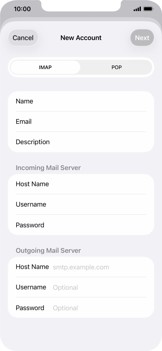 Press Host Name and key in the name of your email provider's outgoing server. Press Host Name and key in the name of your email provider's outgoing server.