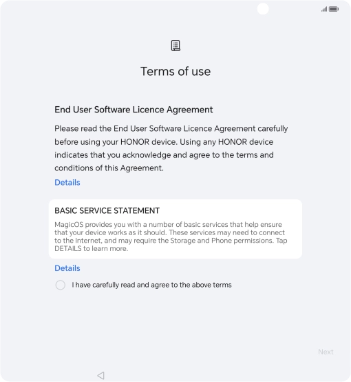 Press the field to accept the licence agreement. Press the field to accept the licence agreement.