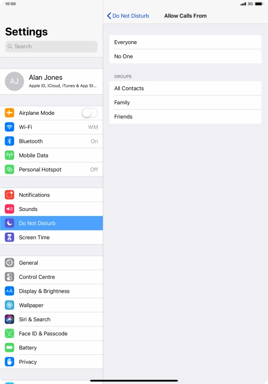 Press the required setting to select which contacts can call you even though Do Not Disturb is turned on. Press the required setting to select which contacts can call you even though Do Not Disturb is turned on.