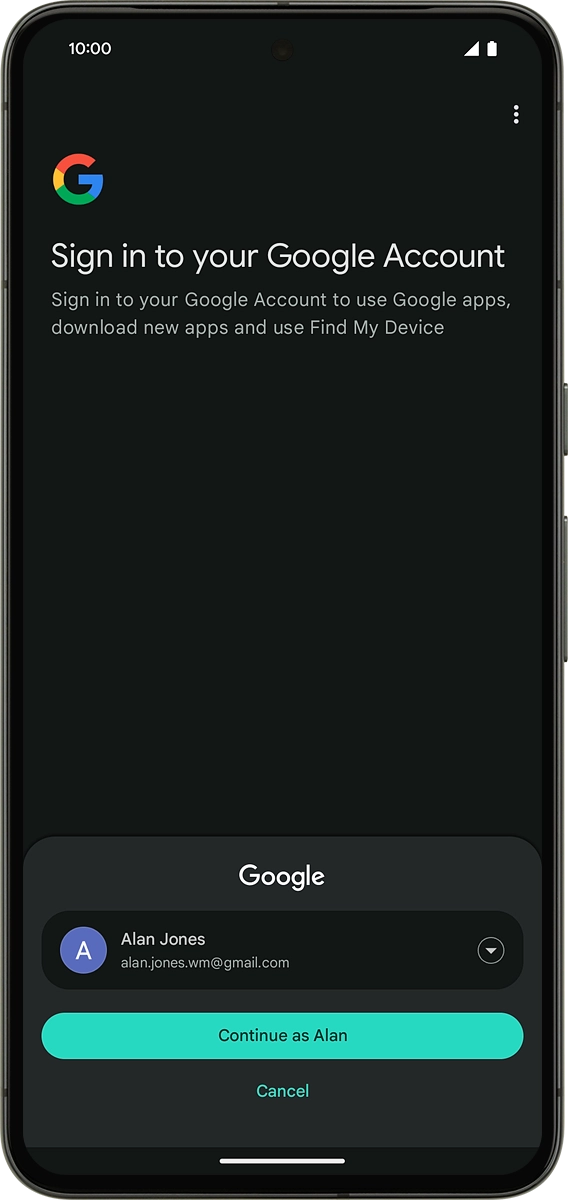 On your phone: Press Continue as ‹name›. On your phone: Press Continue as ‹name›.