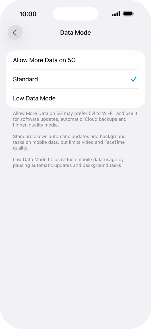 Press the required setting. Press the required setting.