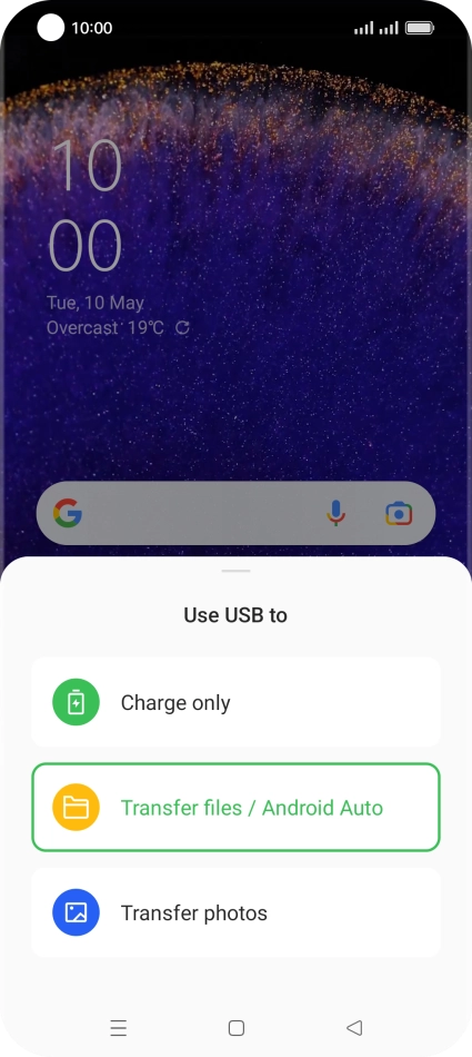 Press Transfer files / Android Auto. Press Transfer files / Android Auto.