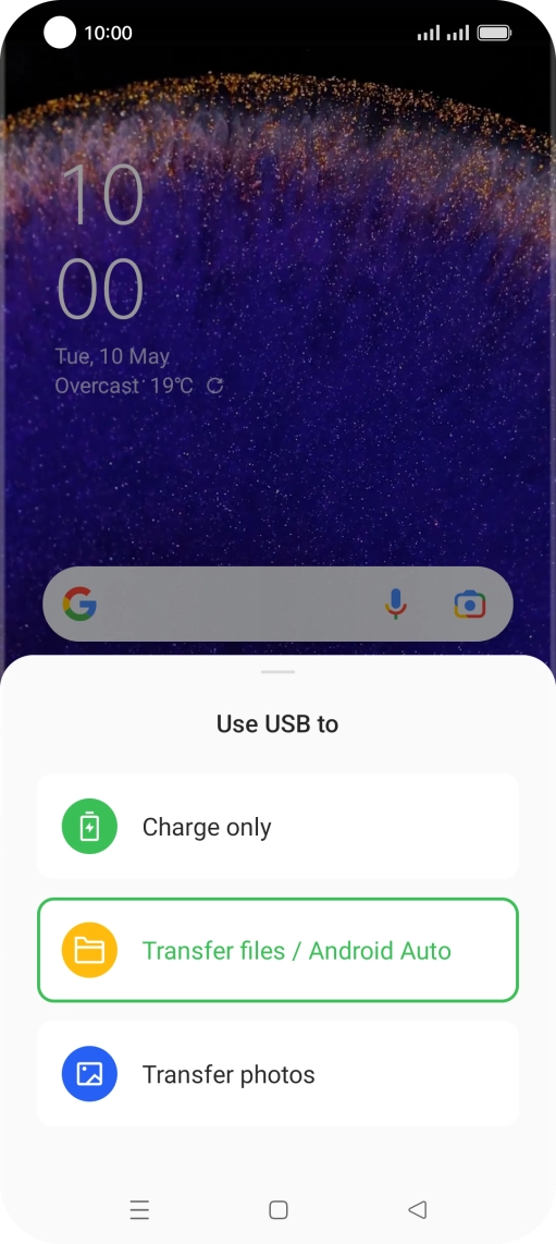 Press Transfer files / Android Auto. Press Transfer files / Android Auto.