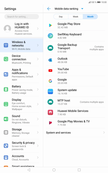 The data usage for each application is displayed below the name of the application. The data usage for each application is displayed below the name of the application.