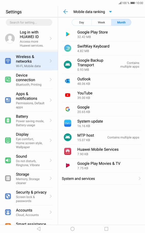 The data usage for each application is displayed below the name of the application. The data usage for each application is displayed below the name of the application.