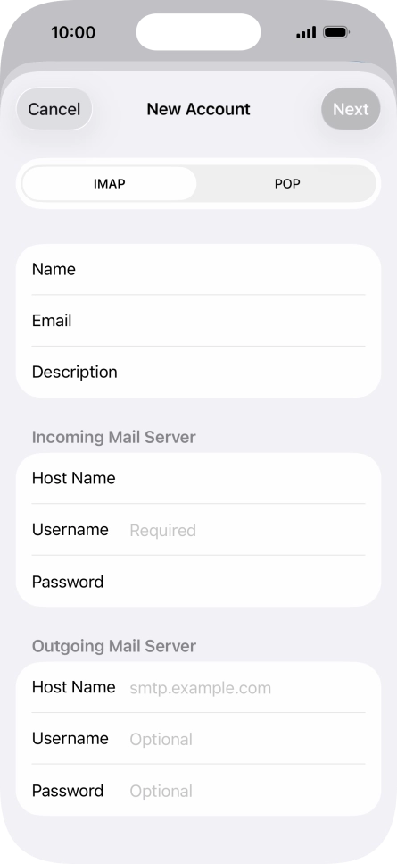 Press Username and key in the username for your email account. Press Username and key in the username for your email account.
