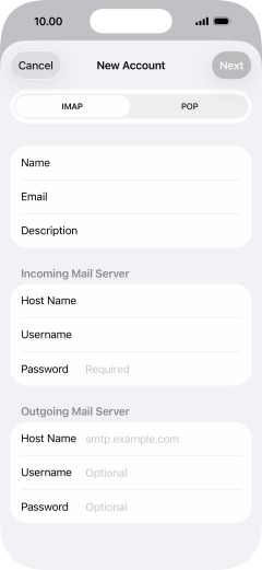 Press Host Name and key in the name of your email provider's outgoing server. Press Host Name and key in the name of your email provider's outgoing server.