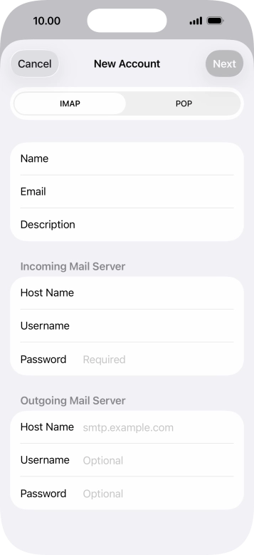 Press Host Name and key in the name of your email provider's outgoing server. Press Host Name and key in the name of your email provider's outgoing server.