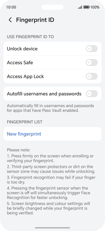 Press New fingerprint. Press New fingerprint.