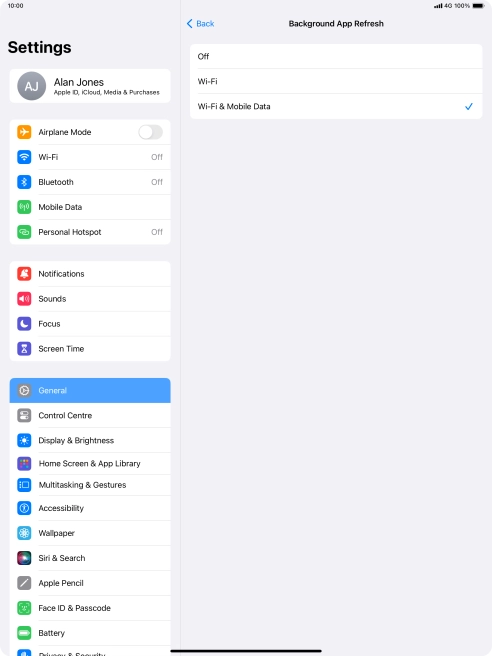 To turn off background refresh of apps, press Off. To turn off background refresh of apps, press Off.