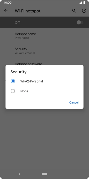 Press WPA2-Personal to password protect your Wi-Fi hotspot. Press WPA2-Personal to password protect your Wi-Fi hotspot.