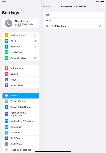 To turn off background refresh of apps, press Off. To turn off background refresh of apps, press Off.