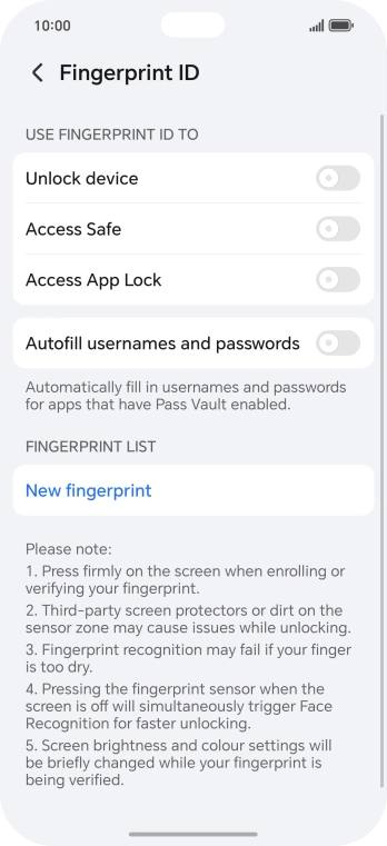 Press New fingerprint. Press New fingerprint.