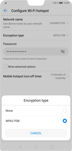 Press WPA2 PSK to password protect your Wi-Fi hotspot. Press WPA2 PSK to password protect your Wi-Fi hotspot.