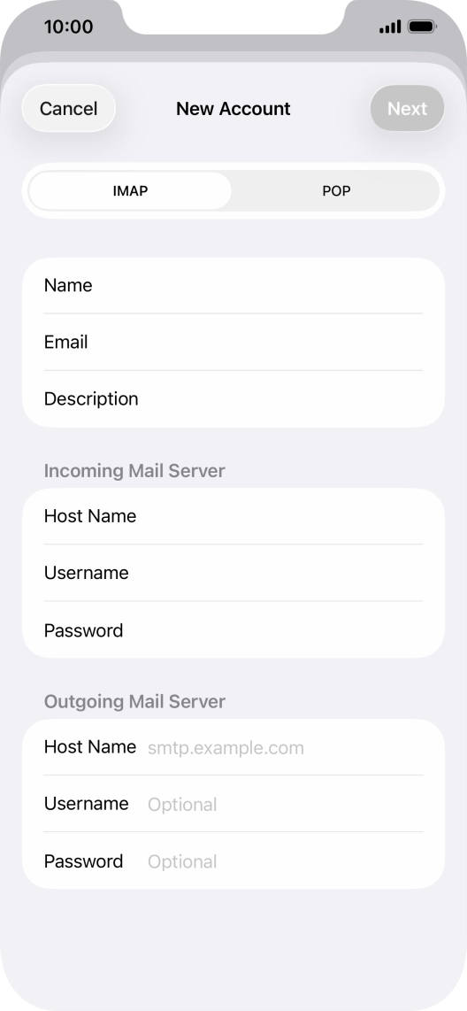 Press Host Name and key in the name of your email provider's outgoing server. Press Host Name and key in the name of your email provider's outgoing server.