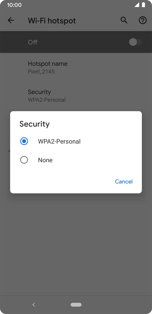 Press WPA2-Personal to password protect your Wi-Fi hotspot. Press WPA2-Personal to password protect your Wi-Fi hotspot.