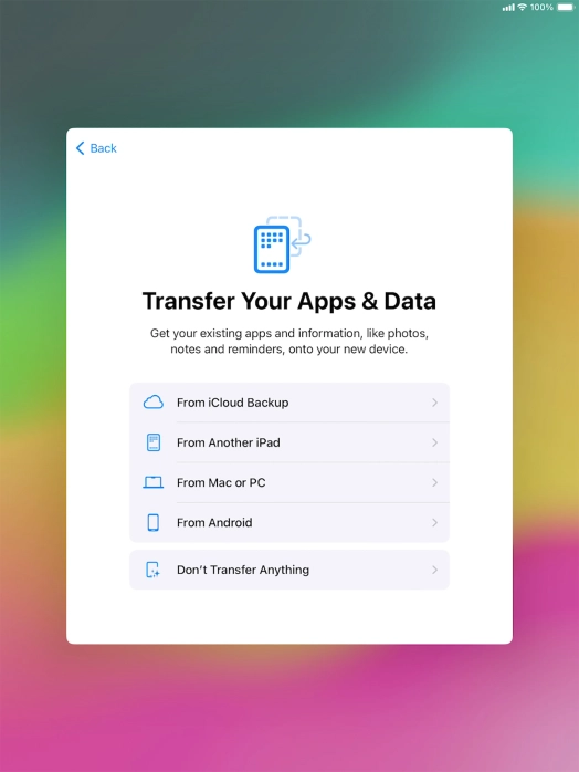 You can transfer the contents of an Android device to your tablet when it's activated for the first time and after a factory reset. When this screen is displayed, your tablet is ready to transfer contents from an Android device. You can transfer the contents of an Android device to your tablet when it's activated for the first time and after a factory reset. When this screen is displayed, your tablet is ready to transfer contents from an Android device.