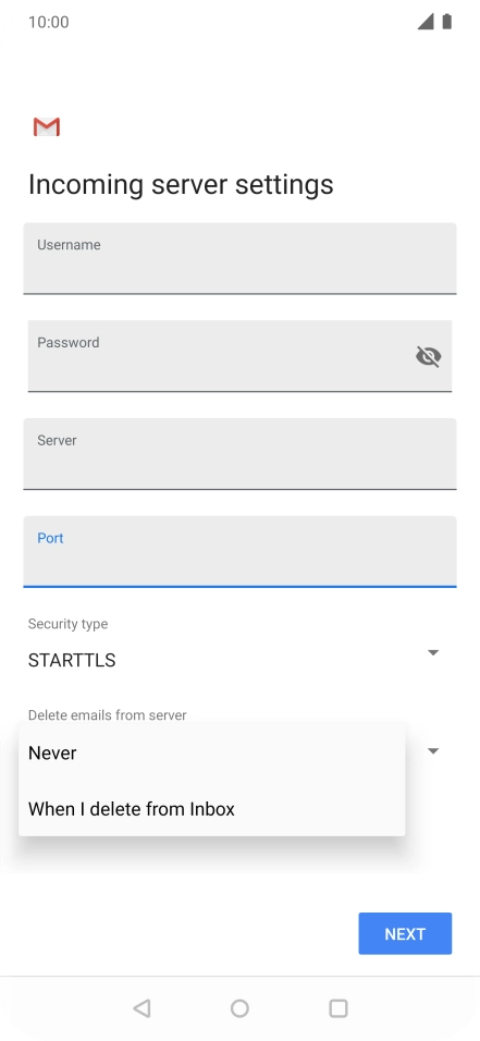 Press Never to keep email on the server when you delete them on your phone. Press Never to keep email on the server when you delete them on your phone.