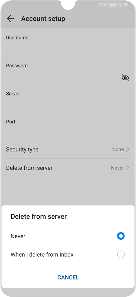 Press Never to keep email on the server when you delete them on your phone. Press Never to keep email on the server when you delete them on your phone.