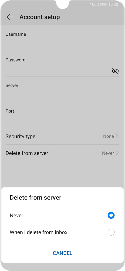 Press Never to keep email on the server when you delete them on your phone. Press Never to keep email on the server when you delete them on your phone.
