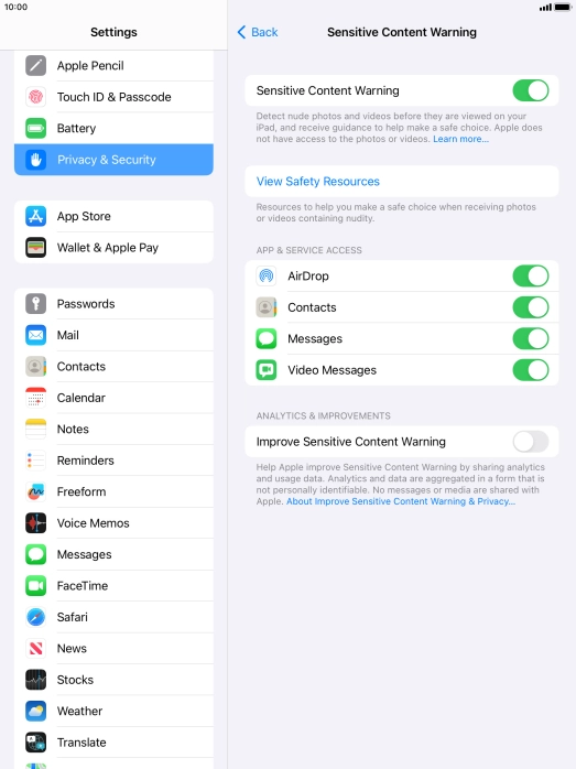 Press the indicators next to the required applications to turn the function on or off. Press the indicators next to the required applications to turn the function on or off.