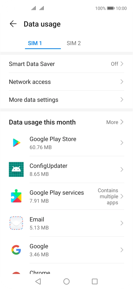 The data usage for each application is displayed below the name of the application. The data usage for each application is displayed below the name of the application.