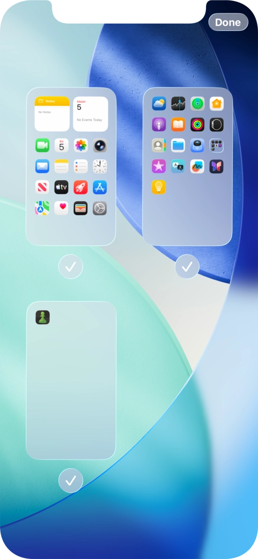 Press the fields below the required home screen pages to select or deselect them. Press the fields below the required home screen pages to select or deselect them.
