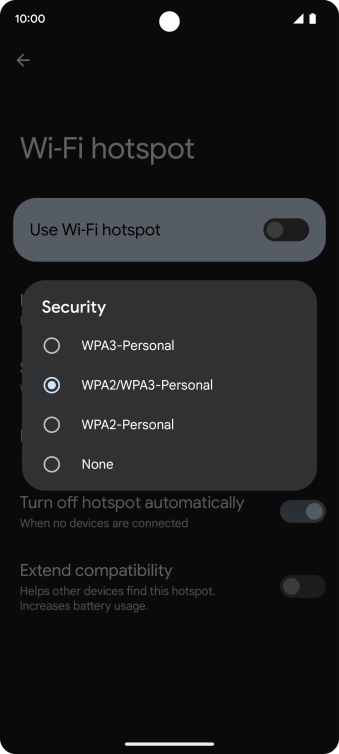 Press WPA3-Personal to password protect your Wi-Fi hotspot. Press WPA3-Personal to password protect your Wi-Fi hotspot.
