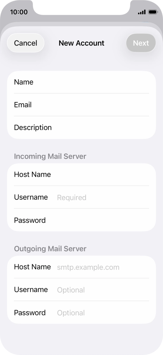 Press Username and key in the username for your email account. Press Username and key in the username for your email account.