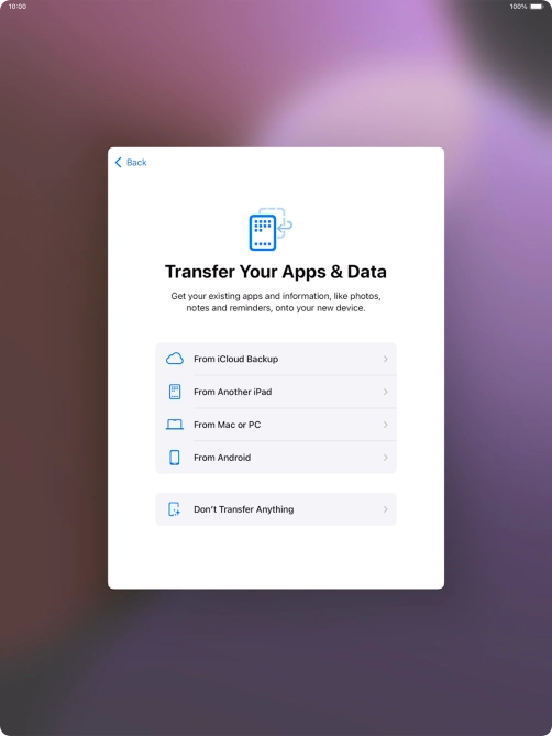 You can transfer the contents of an Android device to your tablet when it's activated for the first time and after a factory reset. When this screen is displayed, your tablet is ready to transfer contents from an Android device. You can transfer the contents of an Android device to your tablet when it's activated for the first time and after a factory reset. When this screen is displayed, your tablet is ready to transfer contents from an Android device.