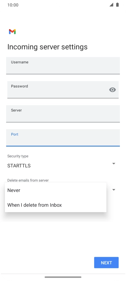 Press Never to keep email on the server when you delete them on your phone. Press Never to keep email on the server when you delete them on your phone.