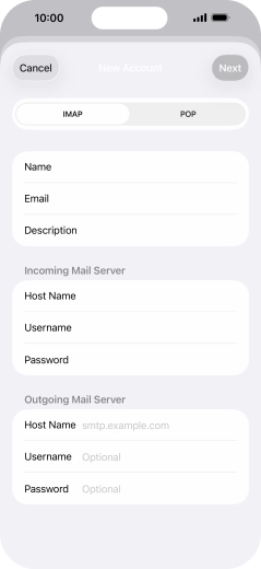 Press Host Name and key in the name of your email provider's outgoing server. Press Host Name and key in the name of your email provider's outgoing server.
