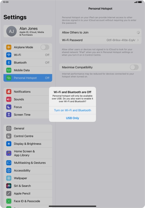 If Wi-Fi is turned off, press Turn on Wi-Fi and Bluetooth. If Wi-Fi is turned off, press Turn on Wi-Fi and Bluetooth.