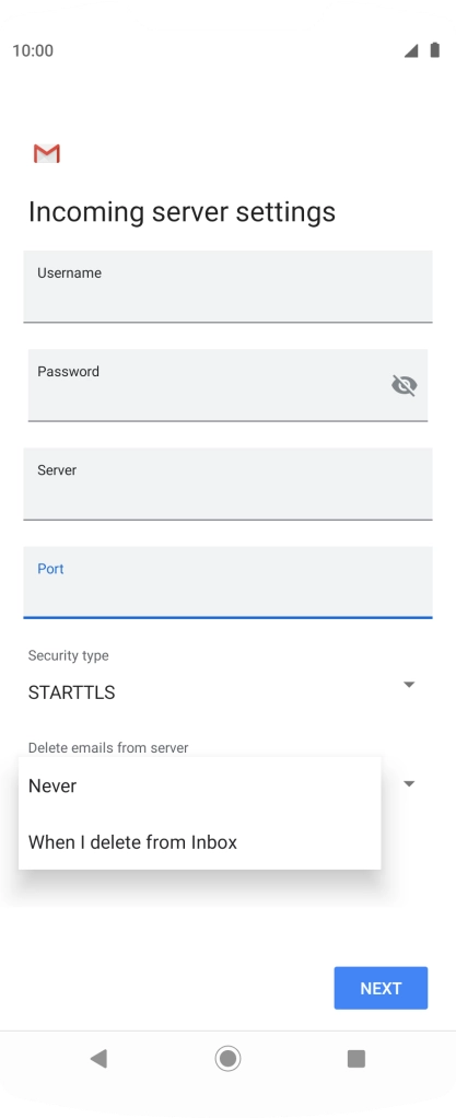 Press Never to keep email on the server when you delete them on your phone. Press Never to keep email on the server when you delete them on your phone.