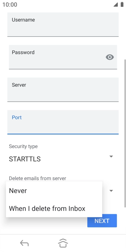 Press Never to keep email on the server when you delete them on your phone. Press Never to keep email on the server when you delete them on your phone.