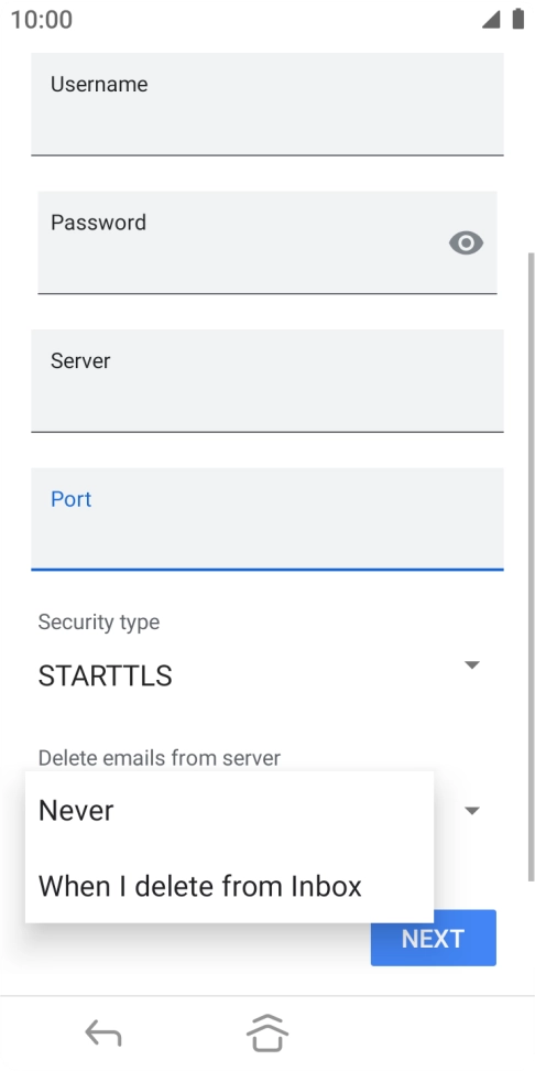 Press Never to keep email on the server when you delete them on your phone. Press Never to keep email on the server when you delete them on your phone.
