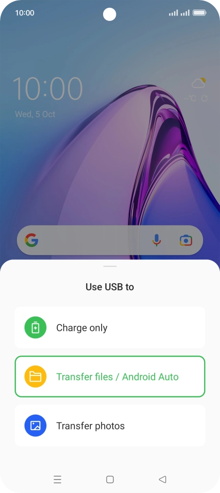 Press Transfer files / Android Auto. Press Transfer files / Android Auto.