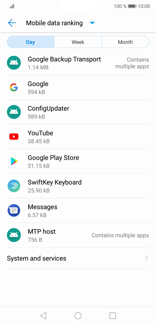 The data usage for each application is displayed below the name of the application. The data usage for each application is displayed below the name of the application.