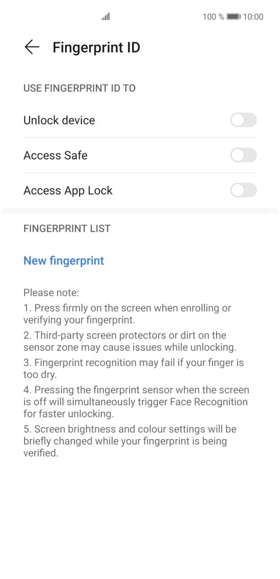 Press New fingerprint. Press New fingerprint.