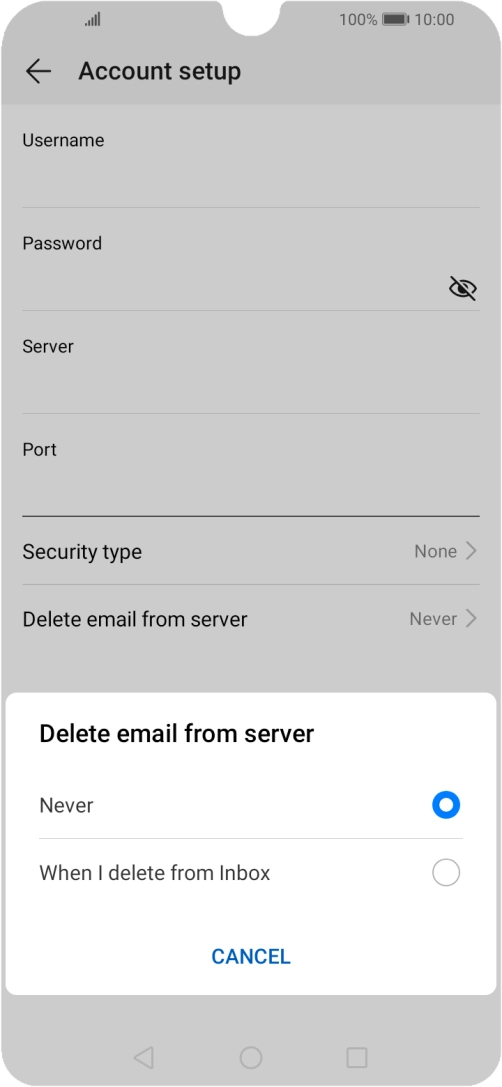 Press Never to keep email on the server when you delete them on your phone. Press Never to keep email on the server when you delete them on your phone.