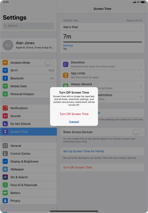 Press Turn Off Screen Time. Press Turn Off Screen Time.