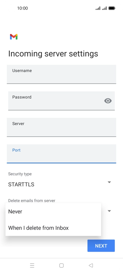 Press Never to keep email on the server when you delete them on your phone. Press Never to keep email on the server when you delete them on your phone.