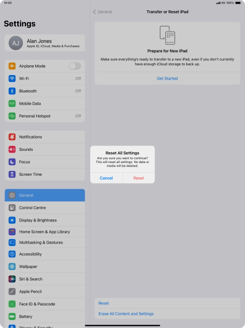 Press Reset. Wait a moment while the factory default settings are restored. Follow the instructions on the screen to set up your tablet and prepare it for use. Press Reset. Wait a moment while the factory default settings are restored. Follow the instructions on the screen to set up your tablet and prepare it for use.