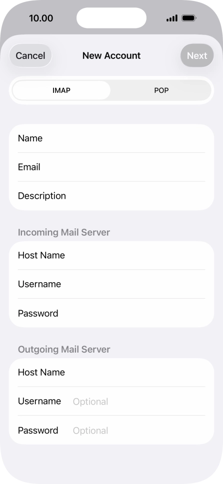 Press Username and key in the username for your email account. Press Username and key in the username for your email account.