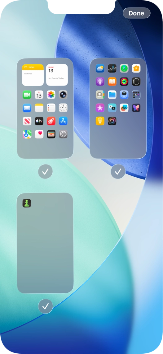 Press the field below the required home screen page to turn page view on or off. Press the field below the required home screen page to turn page view on or off.