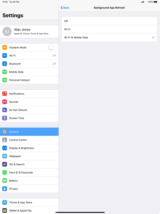 To turn off background refresh of apps, press Off. To turn off background refresh of apps, press Off.