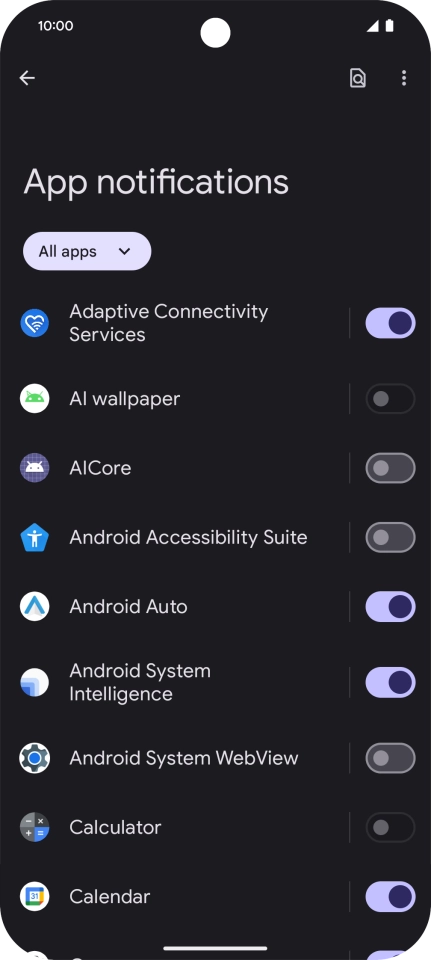 Press the indicator next to the required apps to turn the function on or off. Press the indicator next to the required apps to turn the function on or off.