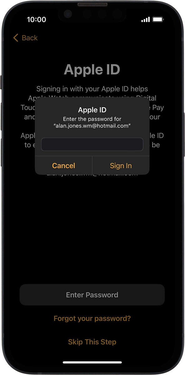 On your phone: Key in the password for your Apple ID and press Sign In. On your phone: Key in the password for your Apple ID and press Sign In.