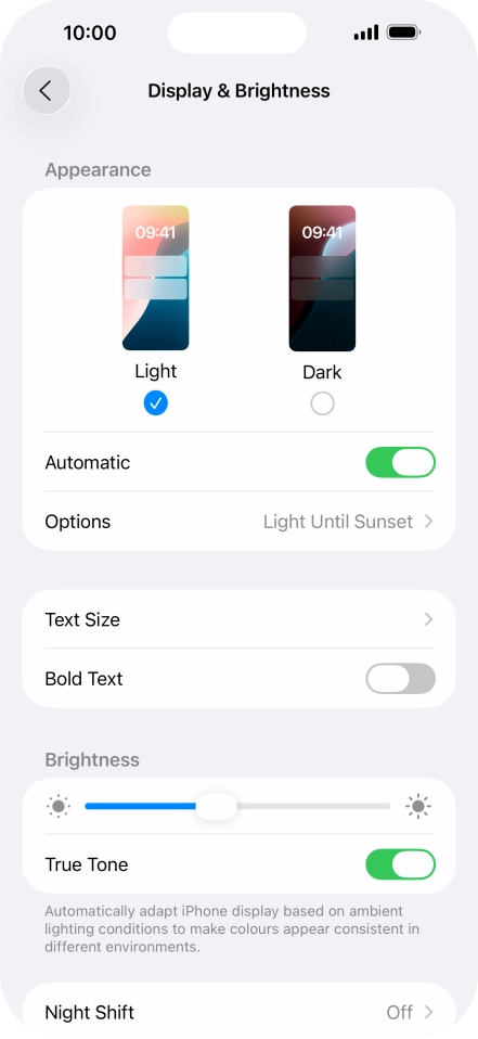 If you turn on the function, press Options and follow the instructions on the screen to select the required period of time for Dark Mode. If you turn on the function, press Options and follow the instructions on the screen to select the required period of time for Dark Mode.