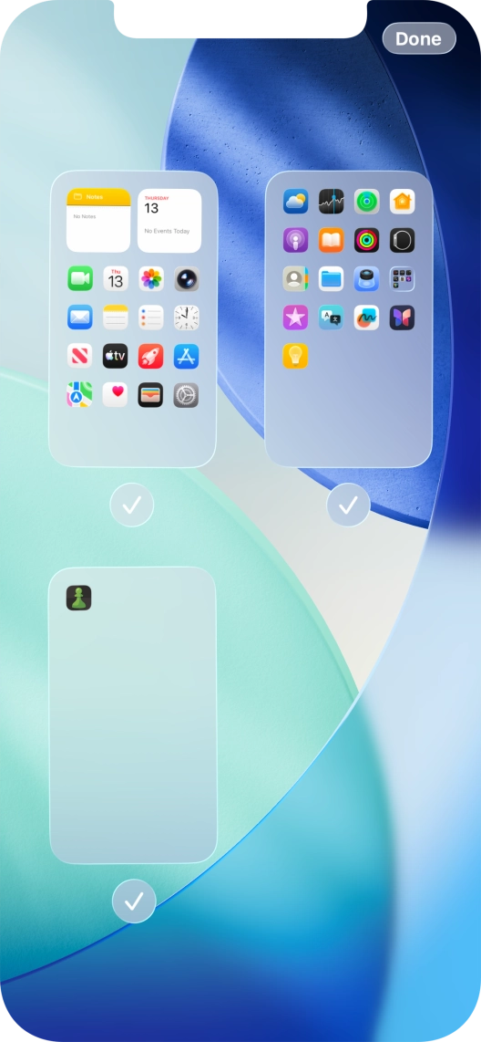 Press the field below the required home screen page to turn page view on or off. Press the field below the required home screen page to turn page view on or off.